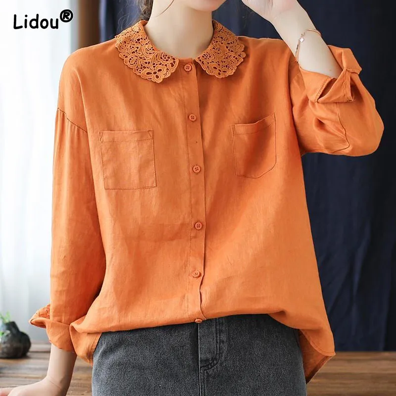 Thin Pure Cotton Multiple Colors Peter Pan Collar Ladies Shirt Pockets Retro Literature Art Single Breasted Spring Summer Cloths
Thin Pure Cotton Multiple Colors Peter Pan Collar Ladies Shirt Pockets Retro Literature Art Single Breasted Spring Summer Cloths