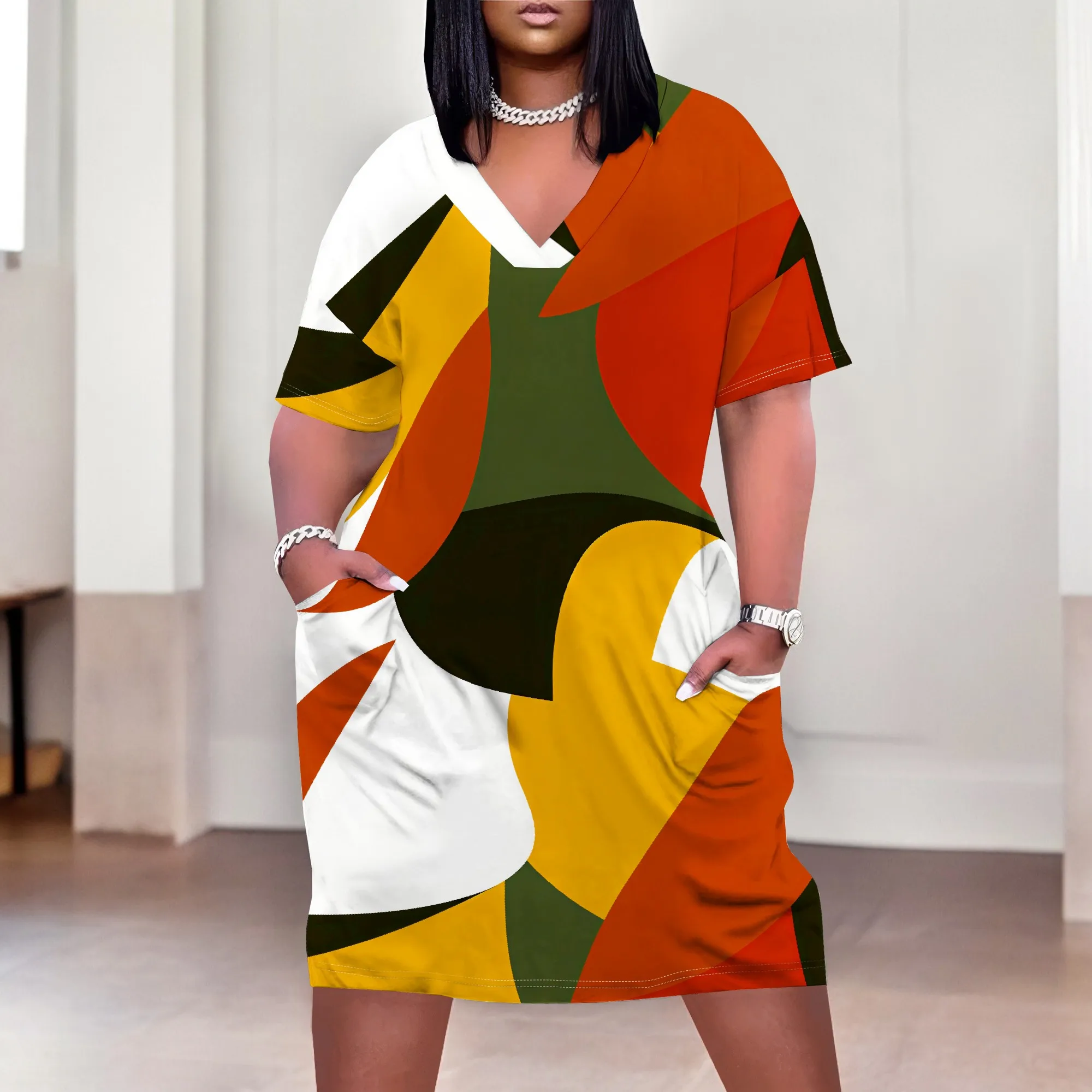 Plus Size Women's Abstract Print T-Shirt Dress XL-6XL V-Neck Short Sleeve Casual Loose Fit Tunic Dress with Pockets
Plus Size Women's Abstract Print T-Shirt Dress XL-6XL V-Neck Short Sleeve Casual Loose Fit Tunic Dress with Pockets