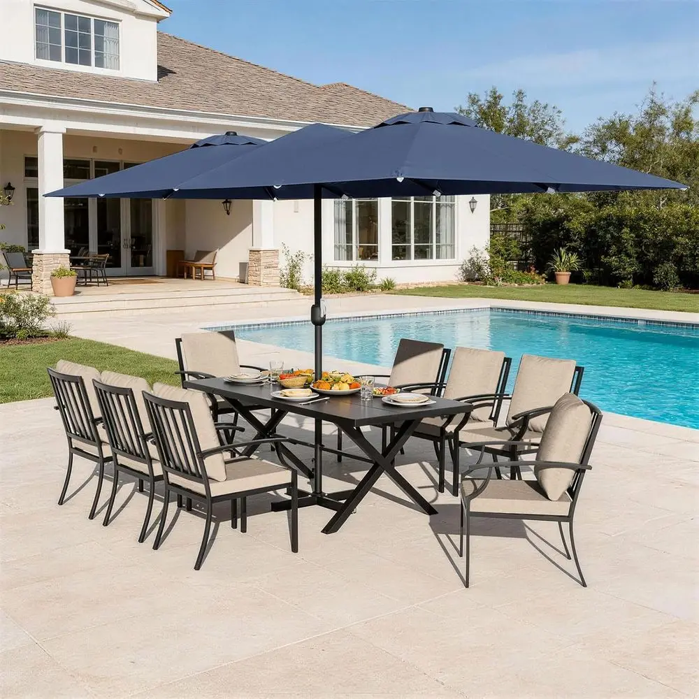 10 Piece Outdoor Dining Set or 8, Patio Table and Chairs Set with Umbrella, Metal Patio urniture Set with 8 Stackable Chairs, Ou
10 Piece Outdoor Dining Set or 8, Patio Table and Chairs Set with Umbrella, Metal Patio urniture Set with 8 Stackable Chairs, Ou