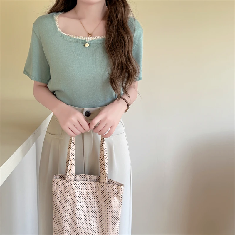 Spring Summer New Korean Style Sweet 3D Simple 6 Wool Knit Sweater Women Lace Trim Square Neck Top
Spring Summer New Korean Style Sweet 3D Simple 6 Wool Knit Sweater Women Lace Trim Square Neck Top