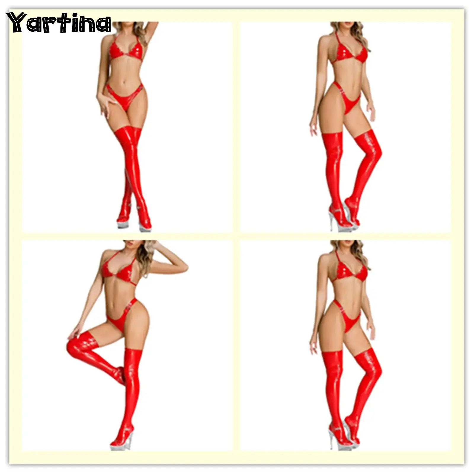 Womens Bikini Swimsuit Patent Leather Lingerie Swimwear Set Halter Self-Tie Rivet Bra with Thong Above Knee Length Stockings
Womens Bikini Swimsuit Patent Leather Lingerie Swimwear Set Halter Self-Tie Rivet Bra with Thong Above Knee Length Stockings