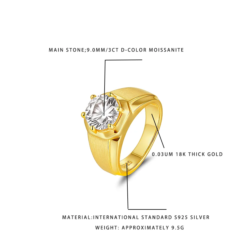 3CT D-Color Moissanite Men's Ring 9.0MM Round Cut 18K Thick Gold Plated S925 Silver Luxury Statement Jewelry
3CT D-Color Moissanite Men's Ring 9.0MM Round Cut 18K Thick Gold Plated S925 Silver Luxury Statement Jewelry