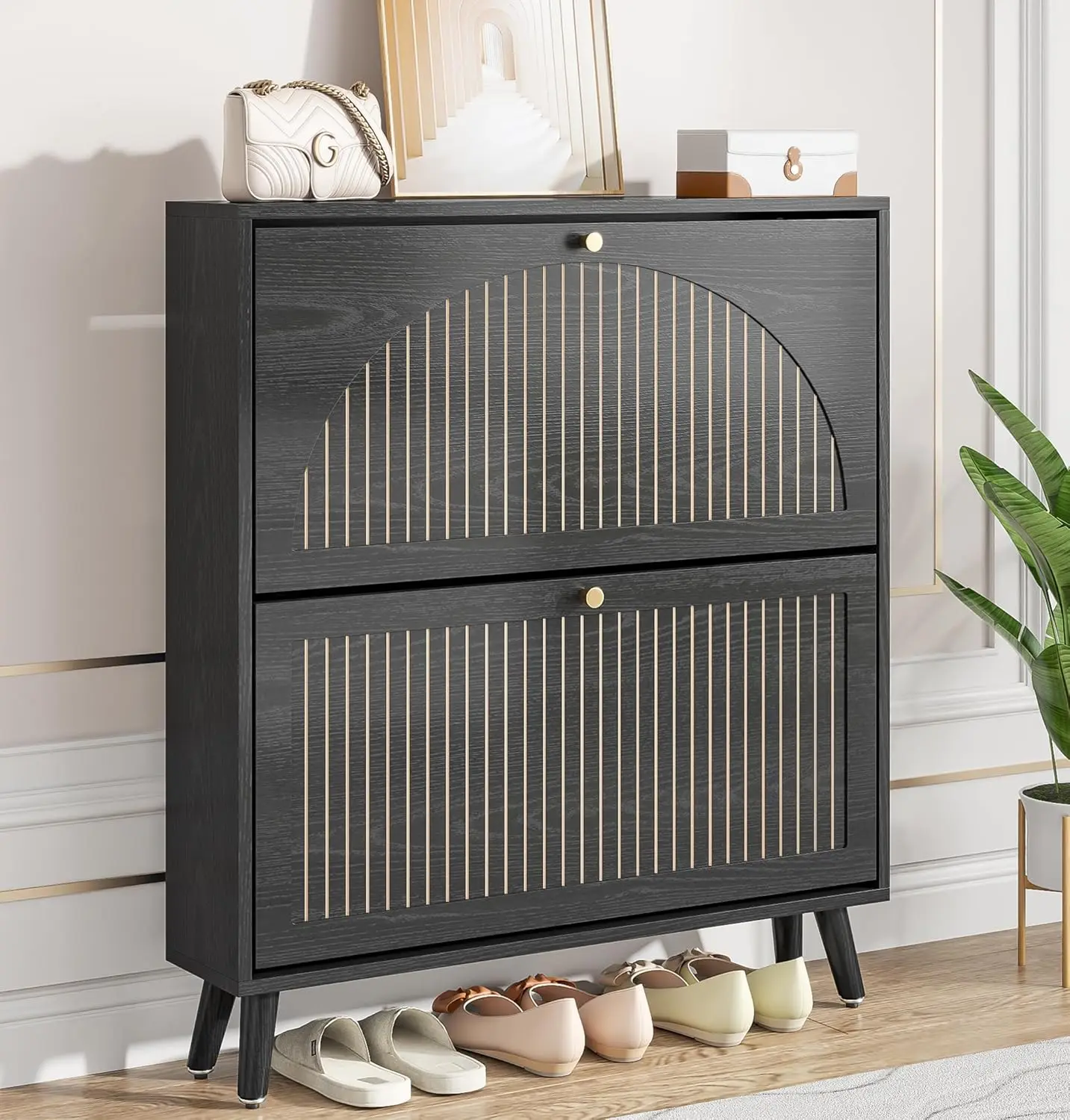 Narrow Entryway Wood Shoe Storage Cabinet With Freestanding Hidden Organizer Two Flip Drawers Fluted Panel Black No Shelf
Narrow Entryway Wood Shoe Storage Cabinet With Freestanding Hidden Organizer Two Flip Drawers Fluted Panel Black No Shelf