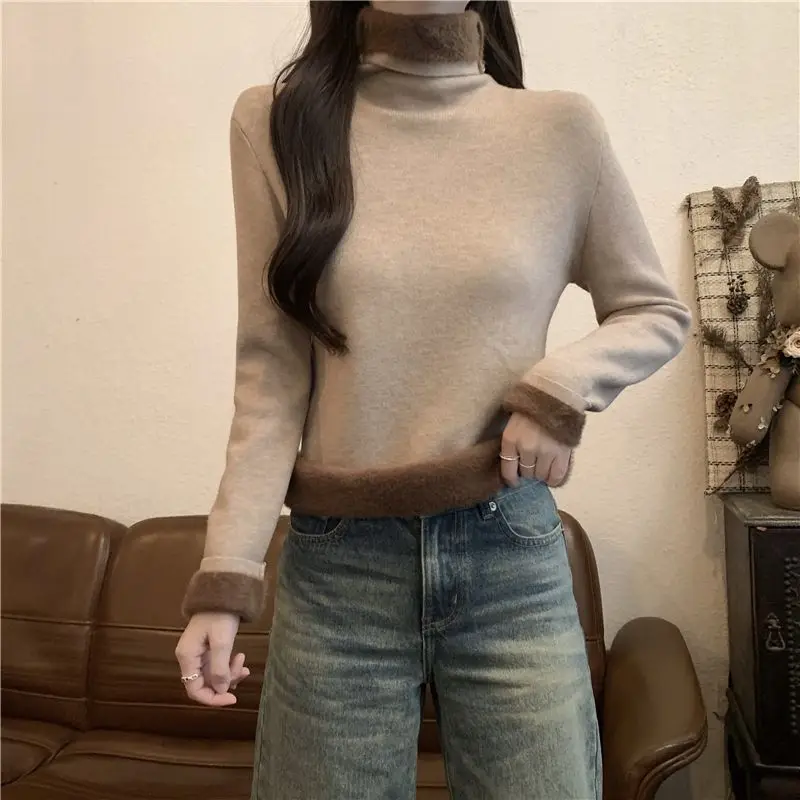 Korean Style Fleece Lined Thickened Long Sleeve Knitted Sweater Simple Casual Slim Fit Warm Base Shirt for Women Polyester Fiber
Korean Style Fleece Lined Thickened Long Sleeve Knitted Sweater Simple Casual Slim Fit Warm Base Shirt for Women Polyester Fiber