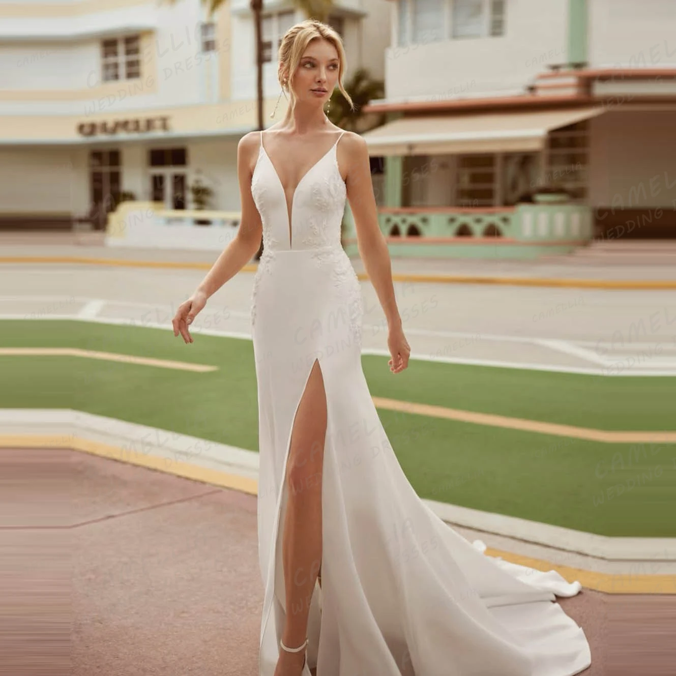 Simple Wedding Dresses Women's Mermaid Sexy Sleeveless V Neck Appliques Split Bridal Gowns Satin Customized Vestidos De Novia
Simple Wedding Dresses Women's Mermaid Sexy Sleeveless V Neck Appliques Split Bridal Gowns Satin Customized Vestidos De Novia