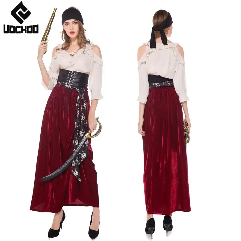Women's Caribbean Pirate Costume Vintage Off Shoulder Blouse with Velvet Long Dress Corset Headscarf for Halloween Cosplay Dress
Women's Caribbean Pirate Costume Vintage Off Shoulder Blouse with Velvet Long Dress Corset Headscarf for Halloween Cosplay Dress