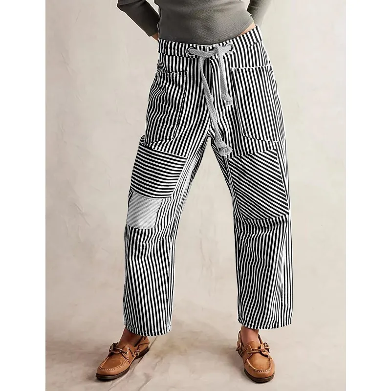 Mid-waist Fashion Commuter Casual Loose Wide-leg Striped Splicing Drawstring Pocket Trousers
Mid-waist Fashion Commuter Casual Loose Wide-leg Striped Splicing Drawstring Pocket Trousers