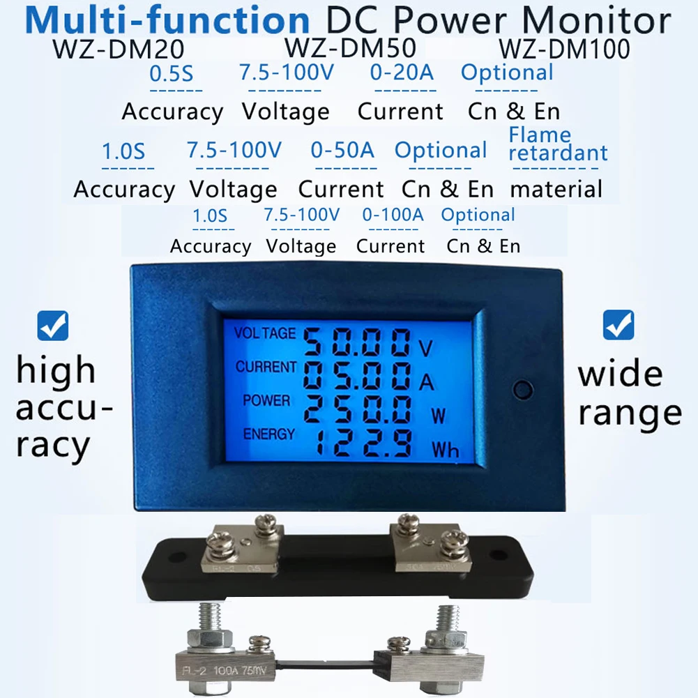 DC 7.5-100V 20A/50A/100A LCD Display Digital Current Voltage Power Energy Meter Multimeter Ammeter Voltmeter with Shunt
DC 7.5-100V 20A/50A/100A LCD Display Digital Current Voltage Power Energy Meter Multimeter Ammeter Voltmeter with Shunt
