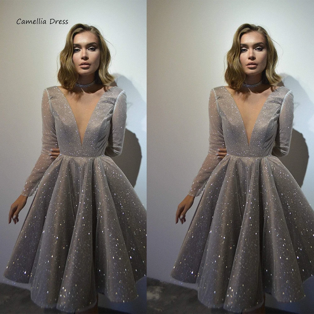Sparkly Midi Party Dresses Deep V Neck Long Sleeves A Line Evening Dress Glitter Tulle Dresses For Prom Vestidos De Fiesta
Sparkly Midi Party Dresses Deep V Neck Long Sleeves A Line Evening Dress Glitter Tulle Dresses For Prom Vestidos De Fiesta