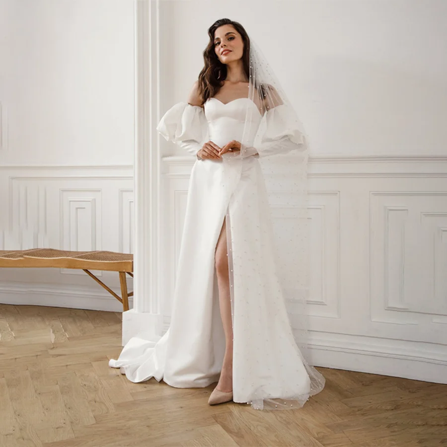 Customized Sweetheart 3/4 Puff Sleeve Satin Wedding Dresses A-Line Front Split Backless And Corset Designs Bridal Gowns
Customized Sweetheart 3/4 Puff Sleeve Satin Wedding Dresses A-Line Front Split Backless And Corset Designs Bridal Gowns