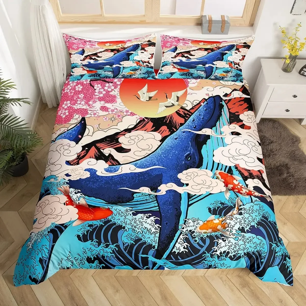 Whale Koi Duvet Cover Set Full Queen Size,Sunset Great Sea Wave Bedding Set,Animal Ocean Landscape Japanese Art Comforter Cover
Whale Koi Duvet Cover Set Full Queen Size,Sunset Great Sea Wave Bedding Set,Animal Ocean Landscape Japanese Art Comforter Cover