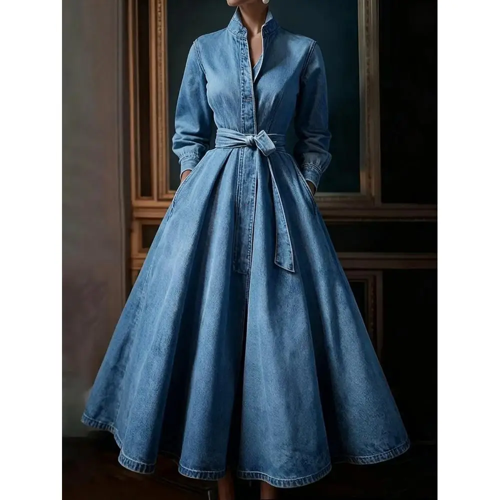 Stand Collar Denim Shirt Dress Long Sleeve Self Tie Belt Midi Dress With Side Pockets A Line Flared Hem For Women Daily Outfit
Stand Collar Denim Shirt Dress Long Sleeve Self Tie Belt Midi Dress With Side Pockets A Line Flared Hem For Women Daily Outfit