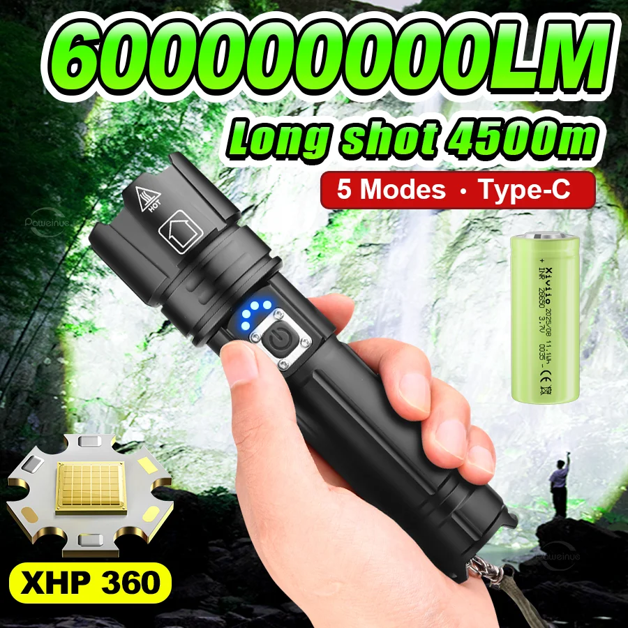 600000000LM Most Powerful LED Flashlight Rechargeable Waterproof Tactical Torch XHP360 OUtdoor Camping Fishing Lantern
600000000LM Most Powerful LED Flashlight Rechargeable Waterproof Tactical Torch XHP360 OUtdoor Camping Fishing Lantern