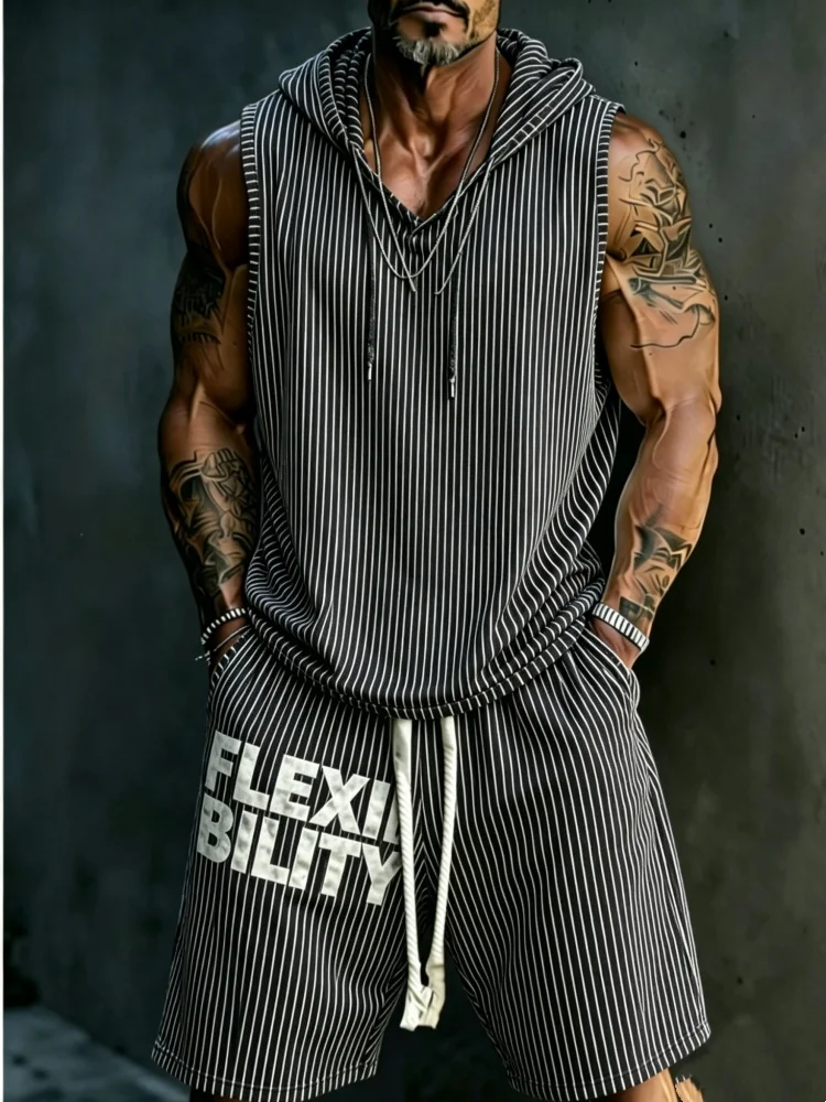 Men's Striped Sleeveless Hooded Tank & Shorts Set, Loose Comfort Casual Streetwear
Men's Striped Sleeveless Hooded Tank & Shorts Set, Loose Comfort Casual Streetwear