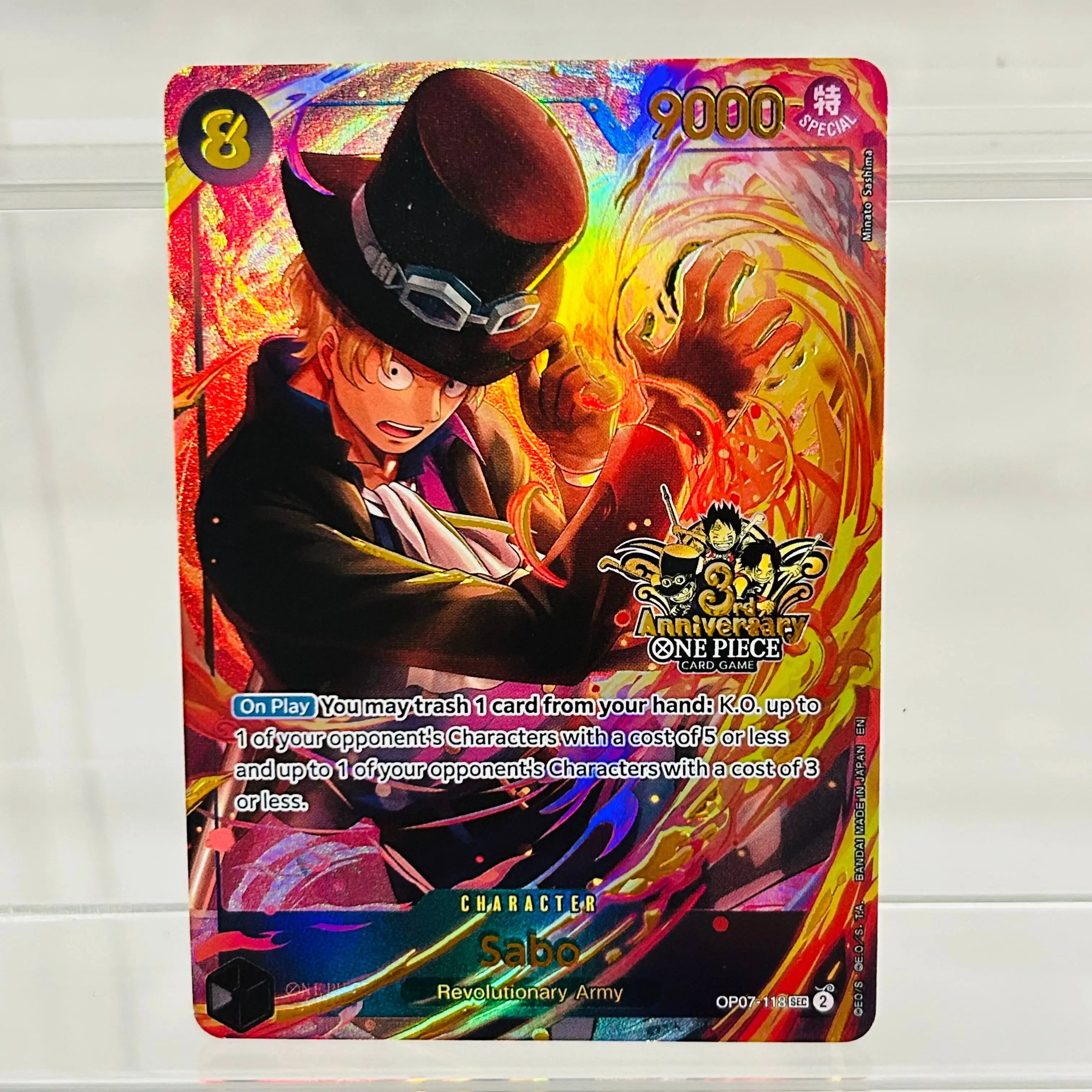 One Piece Sabo English Card OP07-118 with Gold Foil & Holographic Texture, Perfect Condition Premium Anime Collection Card
One Piece Sabo English Card OP07-118 with Gold Foil & Holographic Texture, Perfect Condition Premium Anime Collection Card