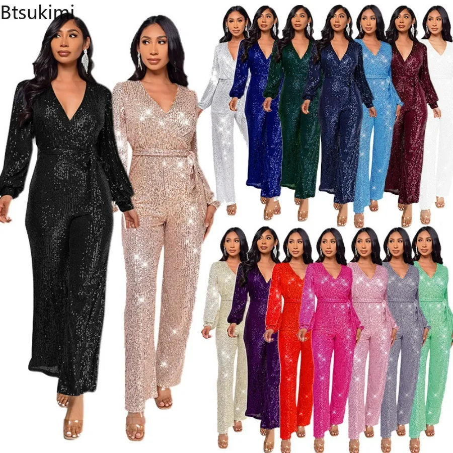 New Women's Sexy V-neck Glitter Sequin Shiny Jumpsuits Spring Summer Lace-up Slim Straight Playsuit Rompers Long Sleeve Overalls
New Women's Sexy V-neck Glitter Sequin Shiny Jumpsuits Spring Summer Lace-up Slim Straight Playsuit Rompers Long Sleeve Overalls