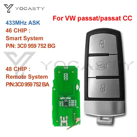 YOCASTÍA 3C 0959752 BA 3 botones 433MHz ID46/ID48 Chip llave de coche remota inteligente para VW Passat B6 3C B7 Magotan CC 3C 2004-2015 0959752 BG