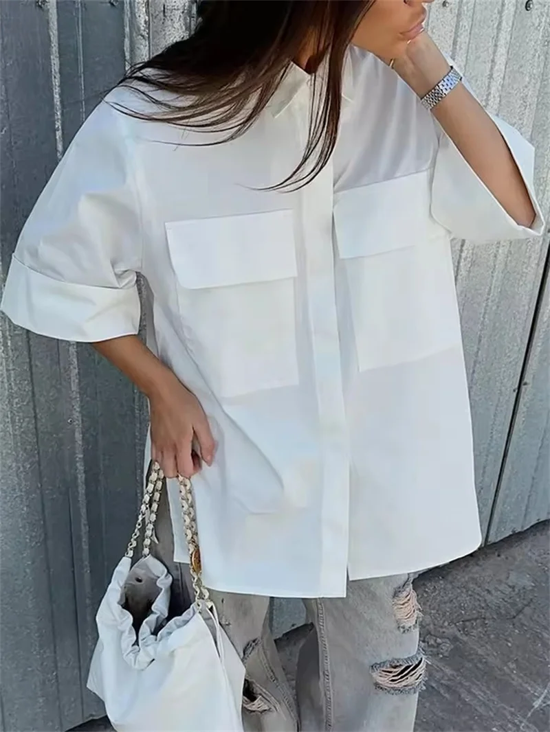 Fashion Loose White Shirt Women's Blouse Casual Lapel Five-quarter Sleeves Shirts Elegant Classic Pockets Tops Female Clothing
Fashion Loose White Shirt Women's Blouse Casual Lapel Five-quarter Sleeves Shirts Elegant Classic Pockets Tops Female Clothing