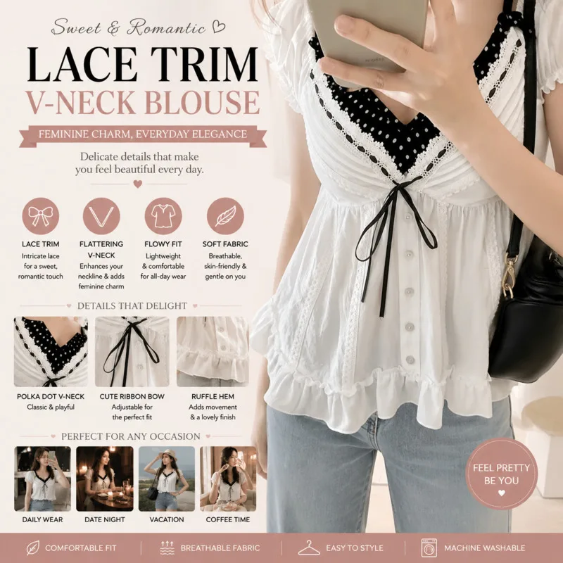 Bow 100% Cotton Puff Sleeve V Neck Polka Dot Fake 2 Piece Summer French Sweet Lace T-shirt Coquette Peplum Blouse For Women New
Bow 100% Cotton Puff Sleeve V Neck Polka Dot Fake 2 Piece Summer French Sweet Lace T-shirt Coquette Peplum Blouse For Women New