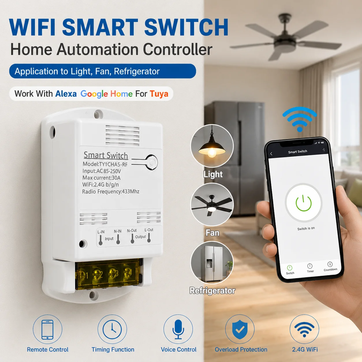 Wifi Smart Switch Home Automation Controller Application to Light,Fan,Refrigerator Work With Alexa Google Home For Tuya
Wifi Smart Switch Home Automation Controller Application to Light,Fan,Refrigerator Work With Alexa Google Home For Tuya