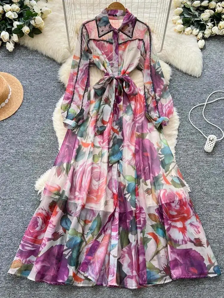High-end Bohemian Style Lantern Sleeve Shirt Dresses Luxury Women's Floral Print Beading Long Dress With Sashes 2026 New Spring
High-end Bohemian Style Lantern Sleeve Shirt Dresses Luxury Women's Floral Print Beading Long Dress With Sashes 2026 New Spring