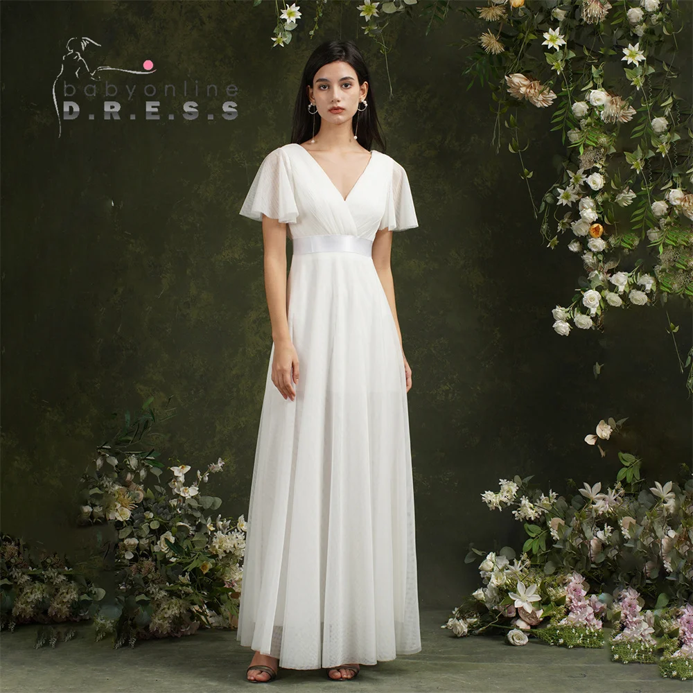 BABYONLINE Classic Bridesmaid Dress Simple V-neck Ruffle Sleeves with Sashes V Back Floor-length Flowy Skirt For BoHo Wedding
BABYONLINE Classic Bridesmaid Dress Simple V-neck Ruffle Sleeves with Sashes V Back Floor-length Flowy Skirt For BoHo Wedding