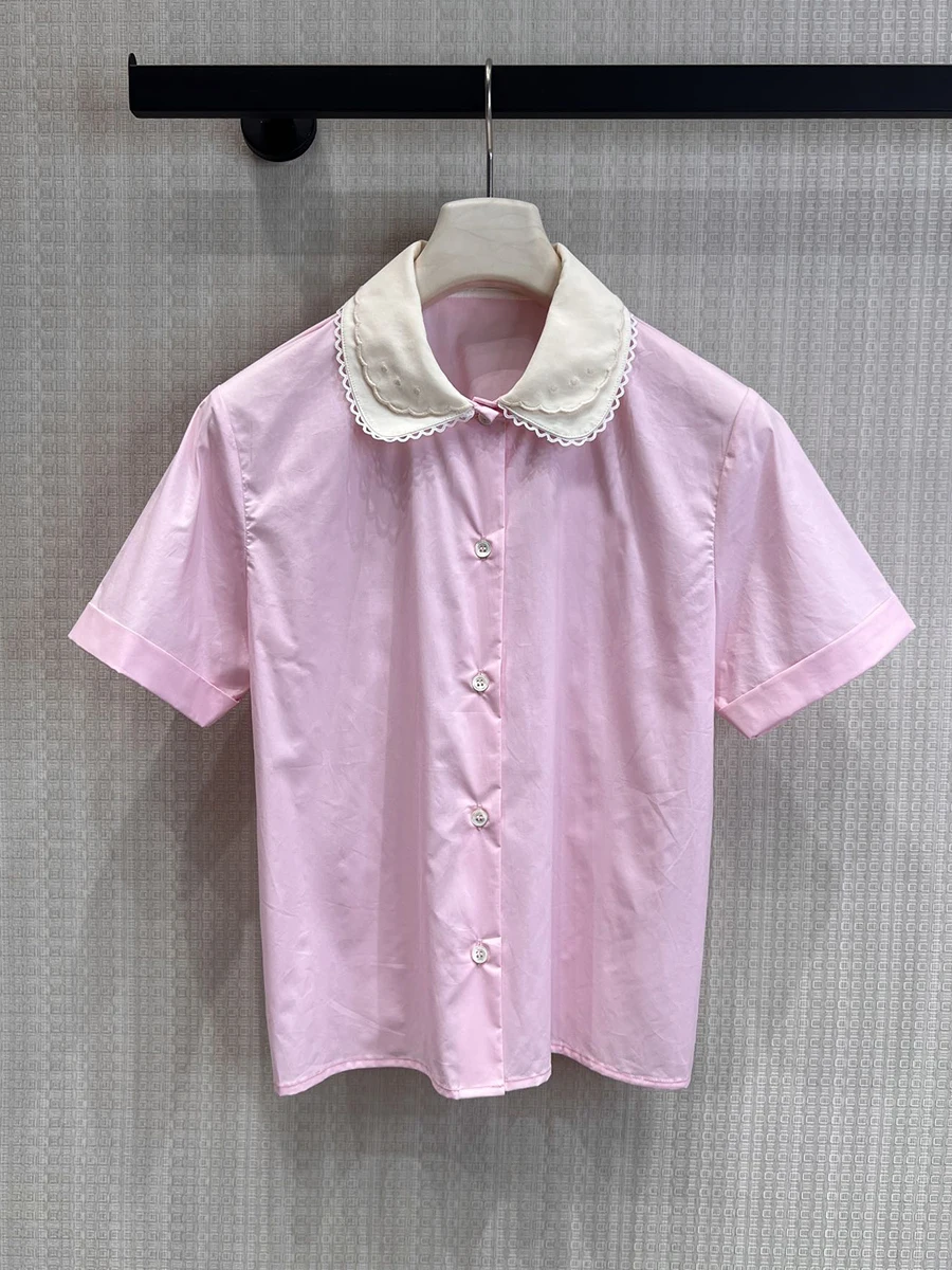 Sweet Style Short Sleeve Shirt SDLR Princess Cotton Doll Collar Color Block Letter Print Breathable Casual Women's Top
Sweet Style Short Sleeve Shirt SDLR Princess Cotton Doll Collar Color Block Letter Print Breathable Casual Women's Top
