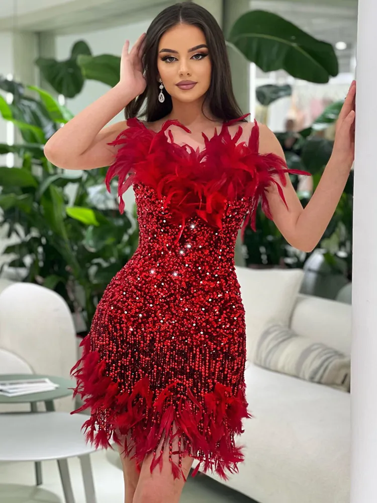 Women Celebrity Sexy Strapless Feather Mesh Sequins Diamonds Tassel Red Mini Dress 2024 Elegant Evening Party Club Dress Vestido
Women Celebrity Sexy Strapless Feather Mesh Sequins Diamonds Tassel Red Mini Dress 2024 Elegant Evening Party Club Dress Vestido