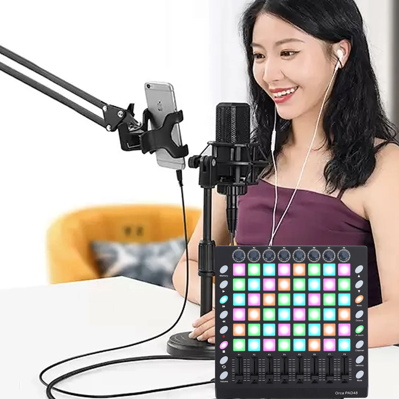 MIDI Controller Drum Pad 48 RGB Backlit Velocity Sensitive Pads 8 Knobs 8 Sliders 16 Function Buttons USB Portable MIDI Pad
MIDI Controller Drum Pad 48 RGB Backlit Velocity Sensitive Pads 8 Knobs 8 Sliders 16 Function Buttons USB Portable MIDI Pad