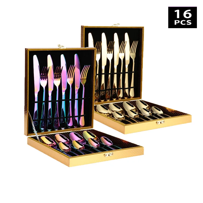 Stainless steel cutlery 16-piece gift gold wooden box set gold-plated hotel western tableware.
Stainless steel cutlery 16-piece gift gold wooden box set gold-plated hotel western tableware.