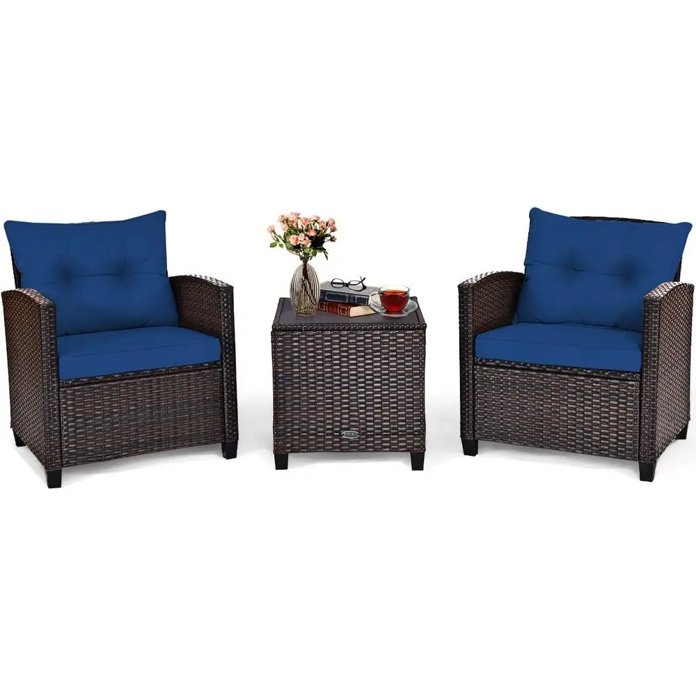 3-Piece Outdoor Patio Furniture Set with Navy Blue Cushions, PE Rattan, Tempered Glass Table for Balcony, Porch, Yard
3-Piece Outdoor Patio Furniture Set with Navy Blue Cushions, PE Rattan, Tempered Glass Table for Balcony, Porch, Yard