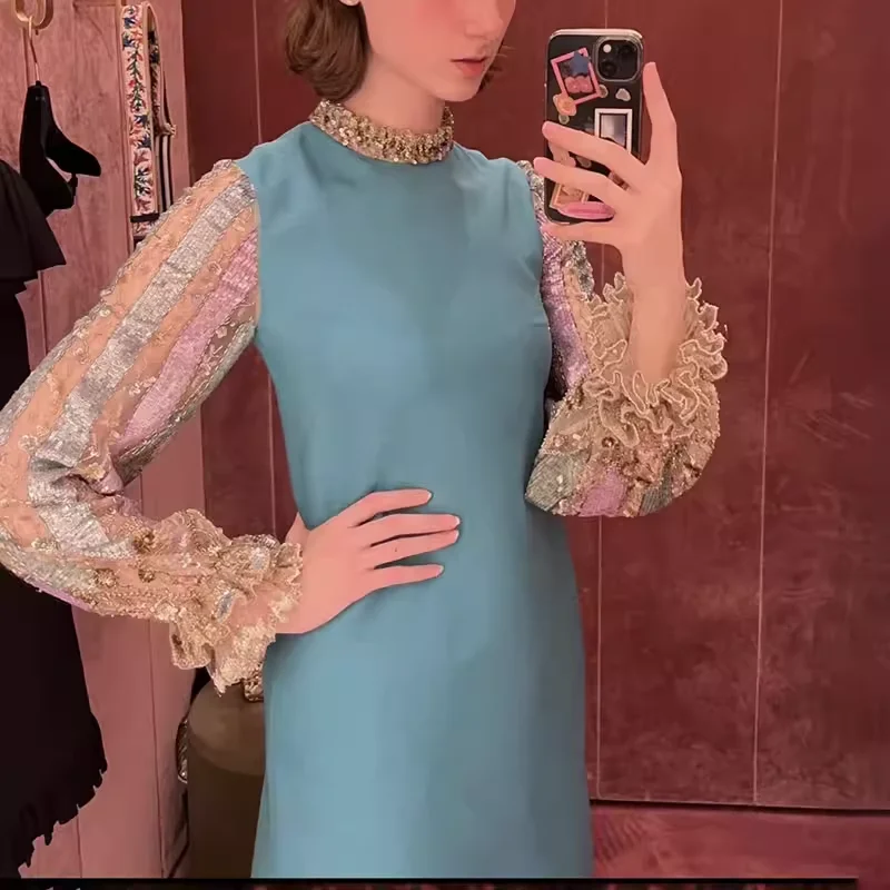 Luxury Brand Name Blue Dress Fashion Women's Silk Mini Dress Sexy Ladies Patchwork Lace Sleeve Dress
Luxury Brand Name Blue Dress Fashion Women's Silk Mini Dress Sexy Ladies Patchwork Lace Sleeve Dress