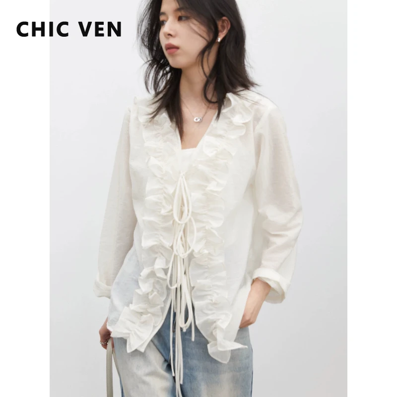 Модная женская рубашка CHIC VEN: белая, свободная, повседневная, с длинным рукавом, в стиле ретро, на шнуровке, с рюшами, V-образным вырезом, весна-лето 2026
Модная женская рубашка CHIC VEN: белая, свободная, повседневная, с длинным рукавом, в стиле ретро, на шнуровке, с рюшами, V-образным вырезом, весна-лето 2026