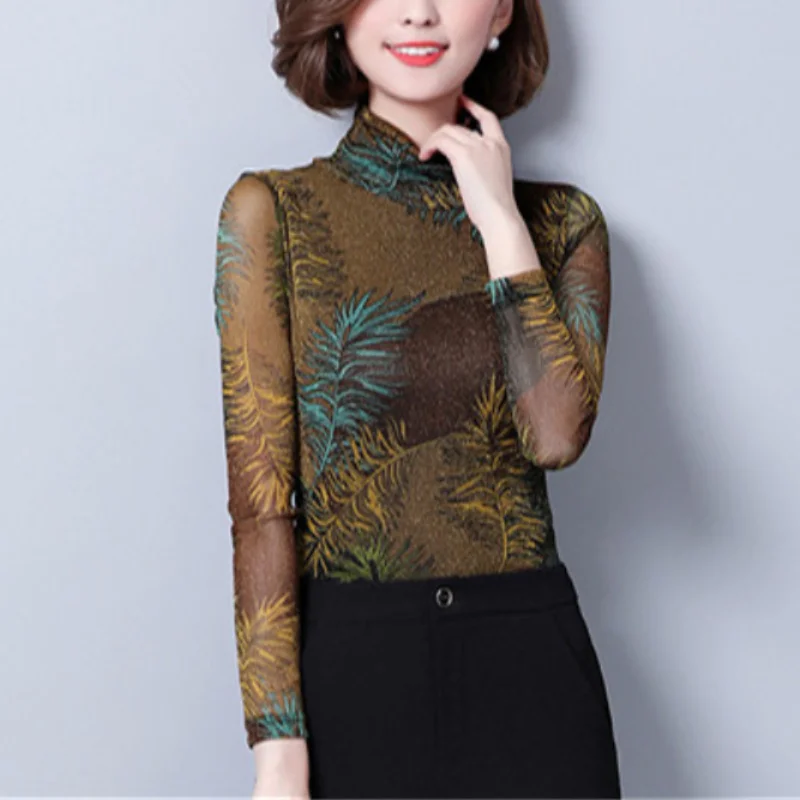Women's Spring New Turtleneck Pullover Commuter Fashion Mesh Printed Bottom Shirt Large Comfortable Versatile Long Sleeved Tops
Women's Spring New Turtleneck Pullover Commuter Fashion Mesh Printed Bottom Shirt Large Comfortable Versatile Long Sleeved Tops