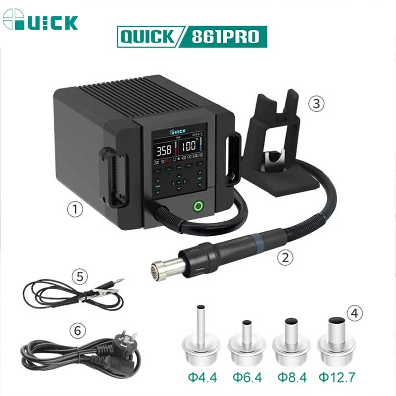 QUICK 861 PRO Smart Three Программируемая температура, низкий уровень шума, 1300 Вт, высокая мощность, голосовое управление, тепловая пушка, станция для распайки
QUICK 861 PRO Smart Three Программируемая температура, низкий уровень шума, 1300 Вт, высокая мощность, голосовое управление, тепловая пушка, станция для распайки