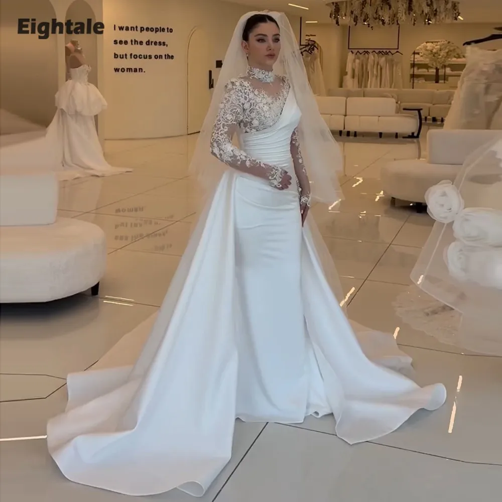 Eightale Arabic Wedding Dresses High Neck Lace Customized Satin Ivory Long Sleeves Bridal Gowns Vestidos De Novia
Eightale Arabic Wedding Dresses High Neck Lace Customized Satin Ivory Long Sleeves Bridal Gowns Vestidos De Novia