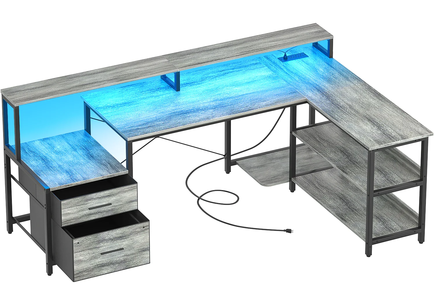 L Shaped Desk with Power Outlet, Reversible L Shaped Computer Desk with File Drawer & Monitor Stand, Gaming Desks with LED Strip
L Shaped Desk with Power Outlet, Reversible L Shaped Computer Desk with File Drawer & Monitor Stand, Gaming Desks with LED Strip
