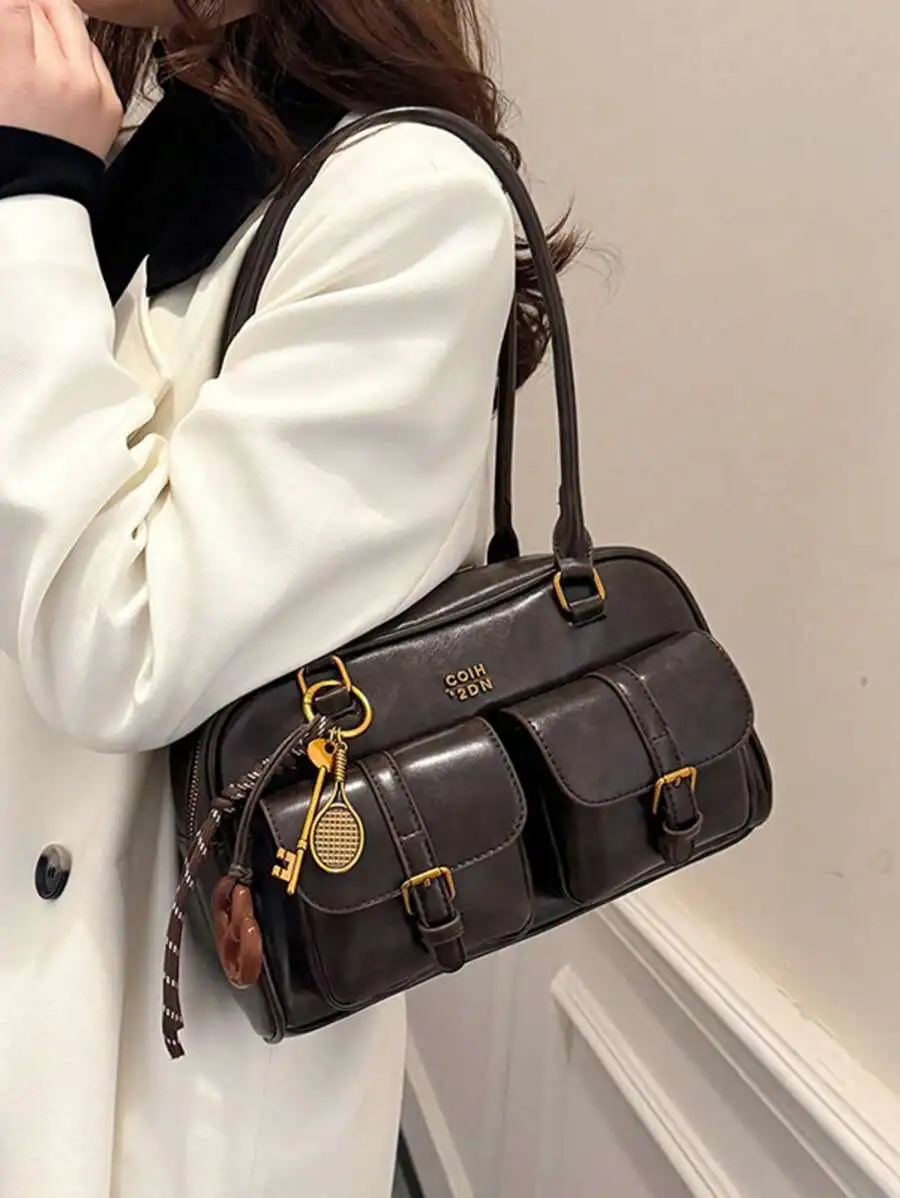 Women's Retro Solid Color PU Leather Shoulder Bag, Multi-Pocket Design, Large Capacity, With Detachable Decorative Pendant,
Women's Retro Solid Color PU Leather Shoulder Bag, Multi-Pocket Design, Large Capacity, With Detachable Decorative Pendant,