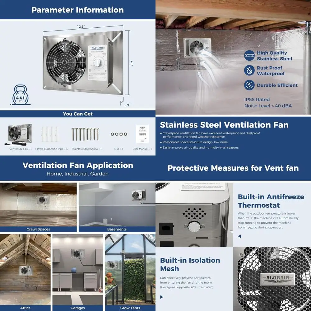 IP55 Rated Stainless Steel Exhaust Fan for Basement, Crawl Space, Garage, Attic, and Grow Tent with 6.7 Inch Foundation Ventilat
IP55 Rated Stainless Steel Exhaust Fan for Basement, Crawl Space, Garage, Attic, and Grow Tent with 6.7 Inch Foundation Ventilat