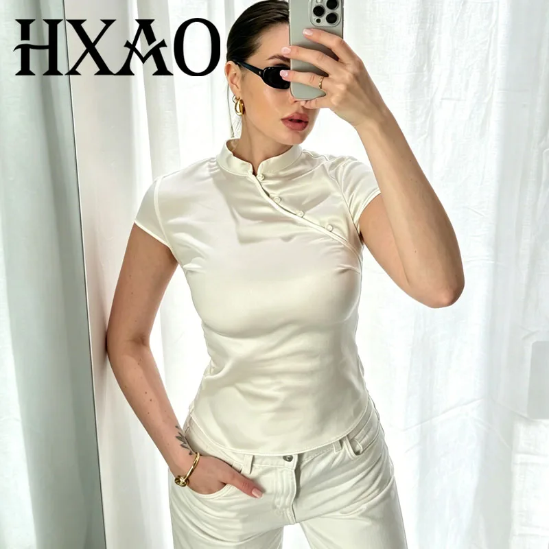 HXAO Women's Satin Cropped Tops Button Short-sleeved Shirts Vintage Elegant Qipao Slim Blouse Summer Casual Office Lady Tank Top
HXAO Women's Satin Cropped Tops Button Short-sleeved Shirts Vintage Elegant Qipao Slim Blouse Summer Casual Office Lady Tank Top