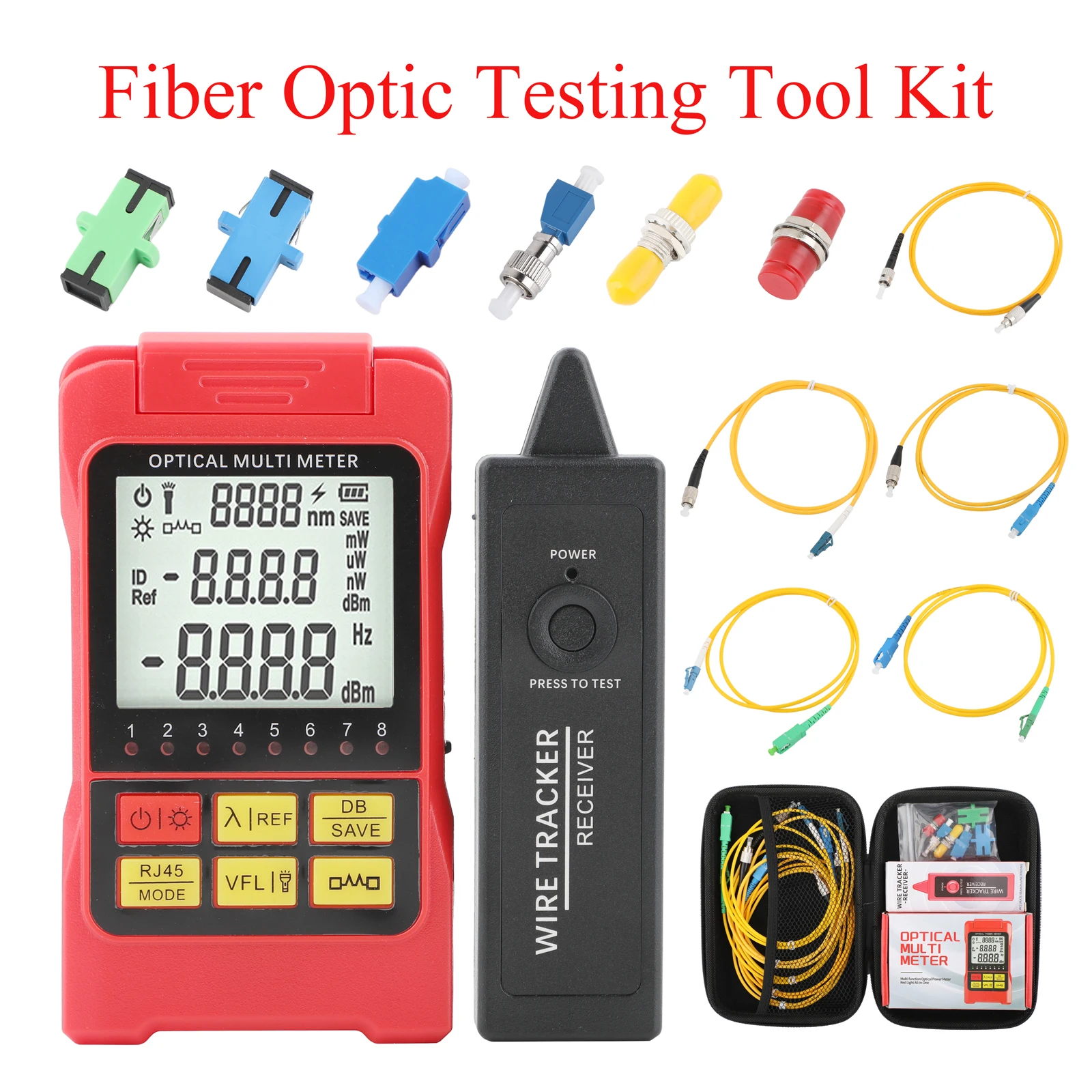 13PCS Fiber Optic Test Kit - Fiber Identifier, Line Finder, Mini Power Meter FC Male-LC Female APC/SC UPC/ST with 5 Patch Cords
13PCS Fiber Optic Test Kit - Fiber Identifier, Line Finder, Mini Power Meter FC Male-LC Female APC/SC UPC/ST with 5 Patch Cords