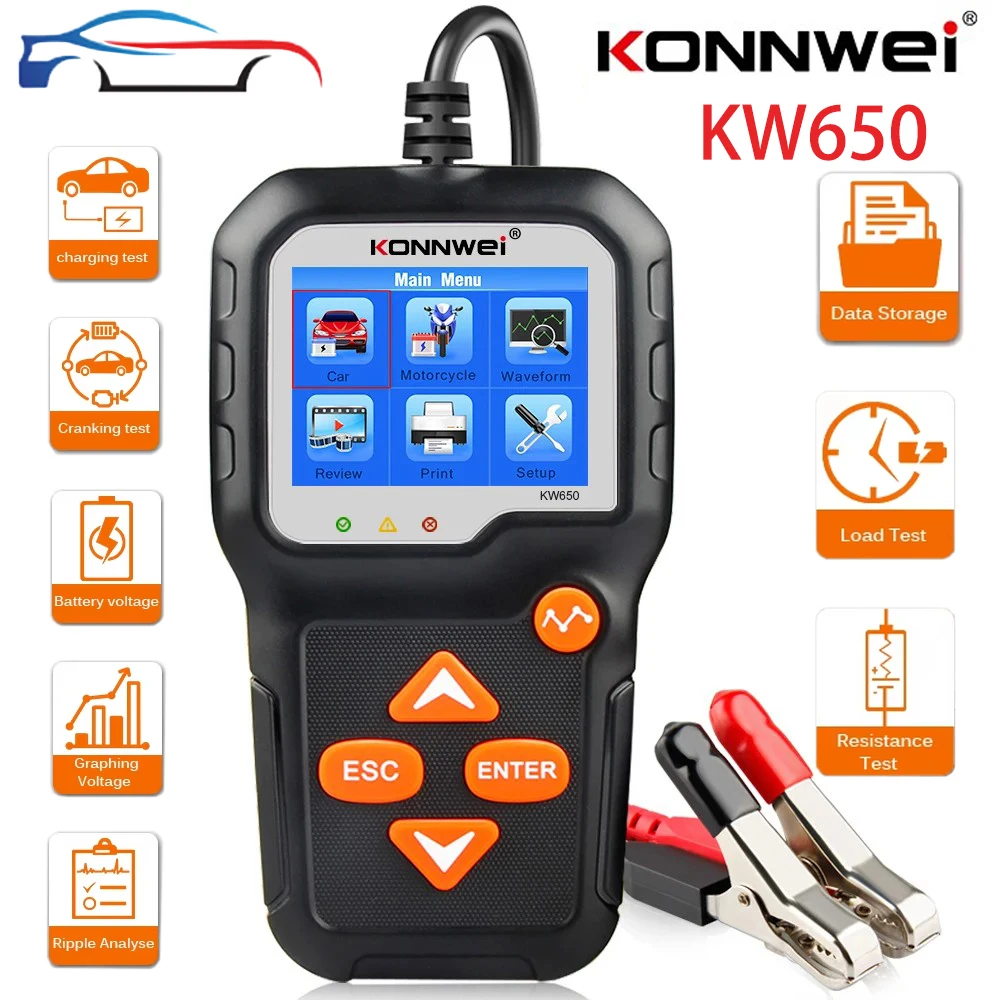 KONNWEI KW650 оригинальный тестер автомобильного аккумулятора 12 В 6 В анализатор системы аккумулятора мотоцикла зарядка проверка разряда диагностические инструменты сканирования
KONNWEI KW650 оригинальный тестер автомобильного аккумулятора 12 В 6 В анализатор системы аккумулятора мотоцикла зарядка проверка разряда диагностические инструменты сканирования