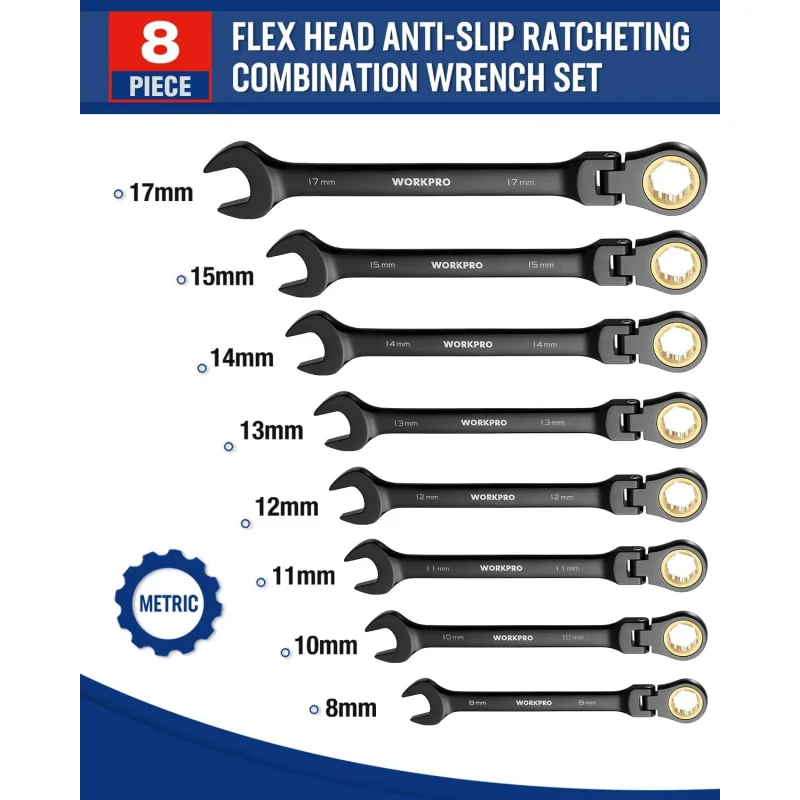 WORKPRO 8pcs Ratcheting Combination Wrench Set Metric 8-17 mm, 72-Teeth, Cr-V Constructed, Black Electrophoretic Coating
WORKPRO 8pcs Ratcheting Combination Wrench Set Metric 8-17 mm, 72-Teeth, Cr-V Constructed, Black Electrophoretic Coating