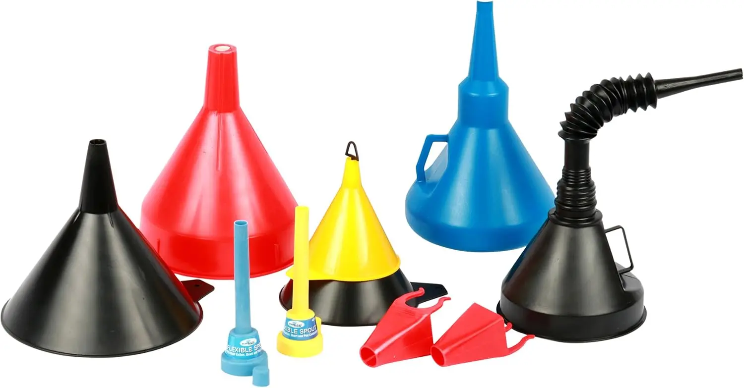 10-Piece Funnel Assortment, 2 Quart Funnel, 3-Pack Funnel Set, Clip-On & Flex Spouts, Plastic Funnels for Fuel Oil Coolants
10-Piece Funnel Assortment, 2 Quart Funnel, 3-Pack Funnel Set, Clip-On & Flex Spouts, Plastic Funnels for Fuel Oil Coolants