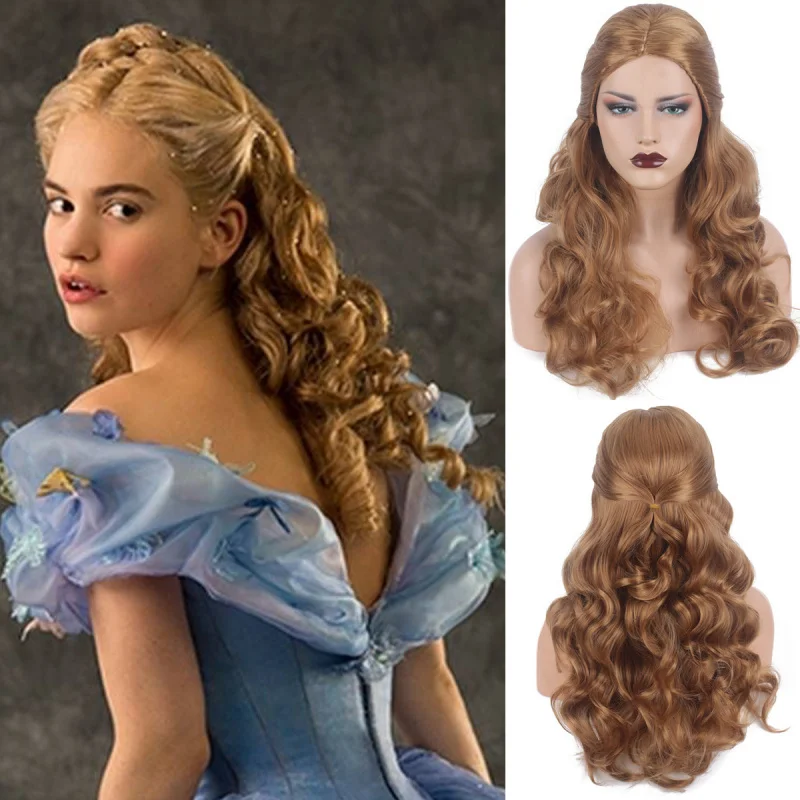 Cinderella cosplay wig, middle-parted light golden long curly hair, anime style
Cinderella cosplay wig, middle-parted light golden long curly hair, anime style