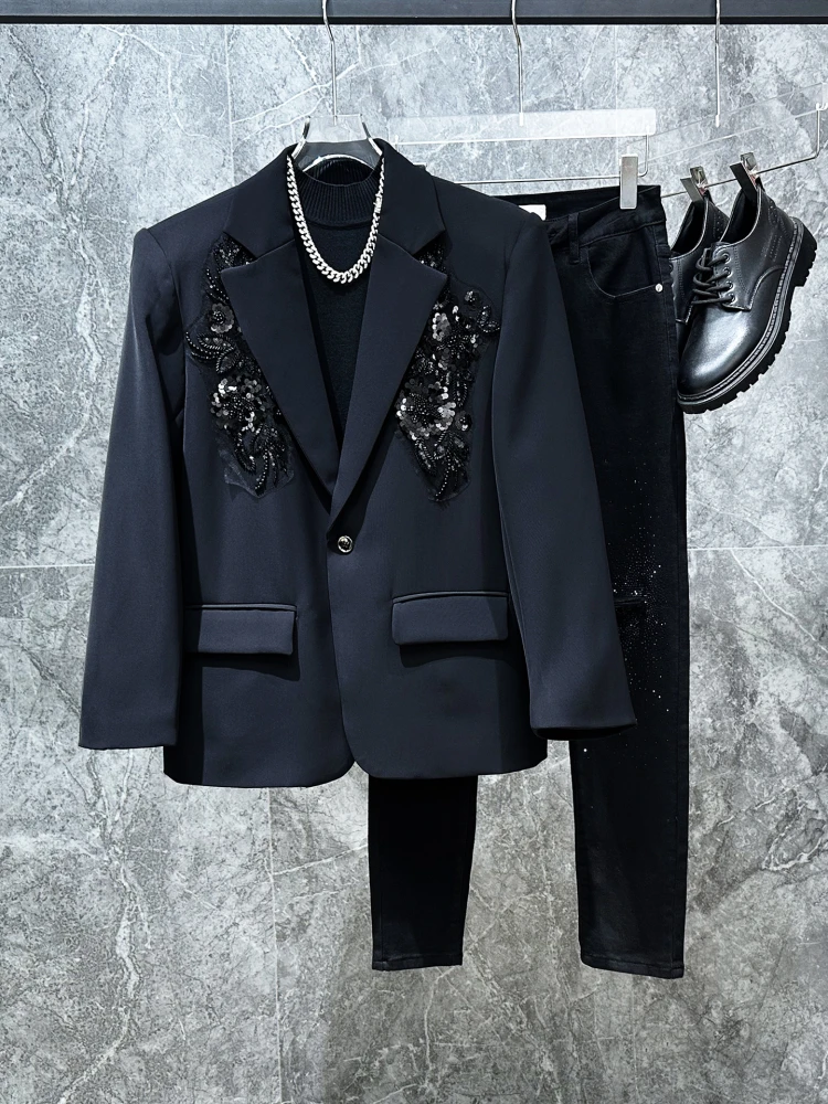 Faionable Embroidered Sequin Design Men's Suit Jaet High-End Trendy Casual Single-Breasted Long Sve Spring Autumn Wear
Faionable Embroidered Sequin Design Men's Suit Jaet High-End Trendy Casual Single-Breasted Long Sve Spring Autumn Wear