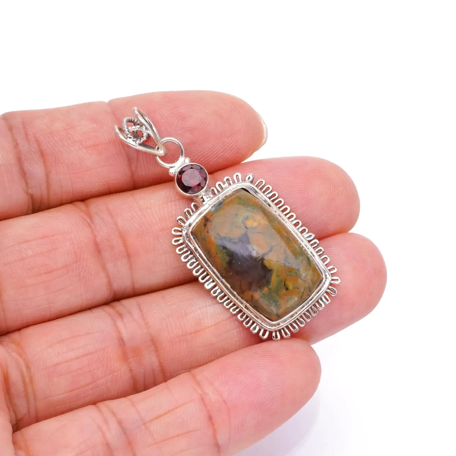 StarGems® Natural Ocean Jasper and Garnet Boho Style 925 Sterling Silver Pendant 2" S0344
StarGems® Natural Ocean Jasper and Garnet Boho Style 925 Sterling Silver Pendant 2" S0344