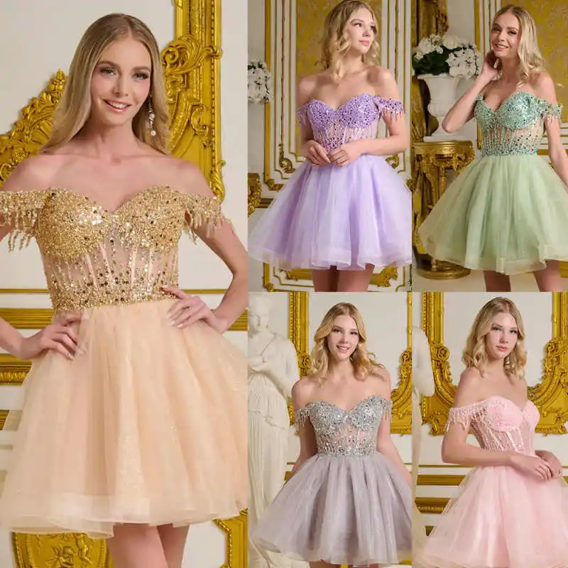 Charming Sequin Fringe Off-Shoulder Mini Evening Dress Sweetheart Ball Gown Formal Occasion Outfit платье вечернее Customized
Charming Sequin Fringe Off-Shoulder Mini Evening Dress Sweetheart Ball Gown Formal Occasion Outfit платье вечернее Customized
