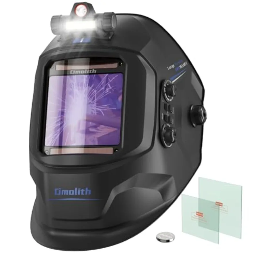 3.93"X3.66" Auto Darkening Welding Helmet with Light, 1/1/1/1 Top Optical Clarity, 4 Arc Sensor Wide Shade 4/5-9/9-13 for TIG M
3.93"X3.66" Auto Darkening Welding Helmet with Light, 1/1/1/1 Top Optical Clarity, 4 Arc Sensor Wide Shade 4/5-9/9-13 for TIG M