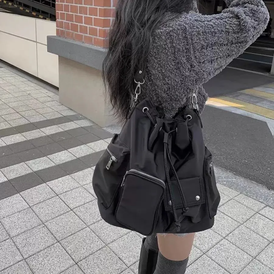 Women's Black Drawstring Nylon Backpack, Multi-Pocket Convertible Shoulder Bag with Adjustable Straps, Casual Bucket Daypack
Women's Black Drawstring Nylon Backpack, Multi-Pocket Convertible Shoulder Bag with Adjustable Straps, Casual Bucket Daypack